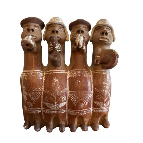 Peruvian Clay Figurine Four Musicians Flute Folk Art Inca Village Band Red Clay - Picture 1 of 8